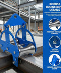 Heavy Duty Cable Puller Sheave For Smooth Wire Rope Pulling And Cable Feeding Industrial Grade Workhorse Wheel with stainless steel rollers on a blue powder-coated steel frame mounted on metal beam.