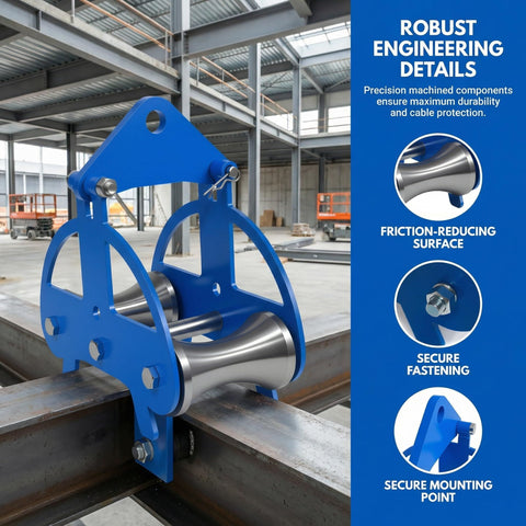 Heavy Duty Cable Puller Sheave For Smooth Wire Rope Pulling And Cable Feeding Industrial Grade Workhorse Wheel with stainless steel rollers on a blue powder-coated steel frame mounted on metal beam.