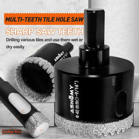 ASNOMY 10-piece diamond tile hole saw set with EVA jig; black hole saws for porcelain, tile, stone