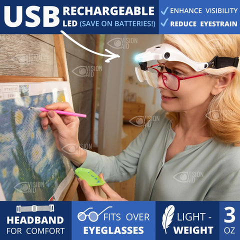 Hands Free LED Magnifier Glasses With Five Lenses And Headband For Hobby Crafts And Close Detail Tasks Like Diamond Painting And Cross Stitch Includes Storage Case And Rechargeable Light For Macular Degeneration Support in use while a woman paints a diamond painting.