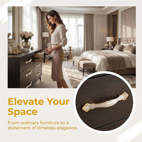 Woman using dresser with Amber Old School Vintage Cabinet Handles 3.8 Inch Hole Center Drawer Pulls for Kitchen Cabinets Dressers.