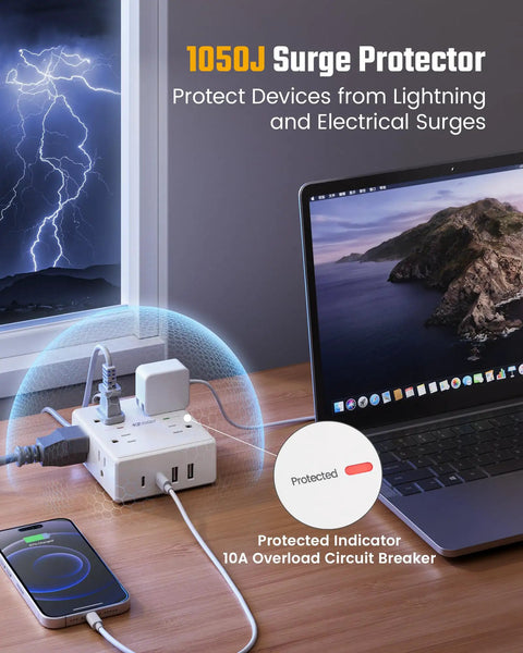 12 In 1 Surge Protector Power Strip With 15 Ft Flat Plug, 8 AC Outlets, 2 USB-C Ports, 2 USB-A Ports, 4-Side Design To Prevent Outlet Blockage, Overload Protection, Power Up Your Home Office And Entertainment Setup. 1050J surge protector on desk with laptop and phone