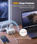 Game Changer Ten Foot Extension Cord With Flat Plug Surge Protector Power Strip providing eight AC outlets, shown with a laptop and phone in use.
