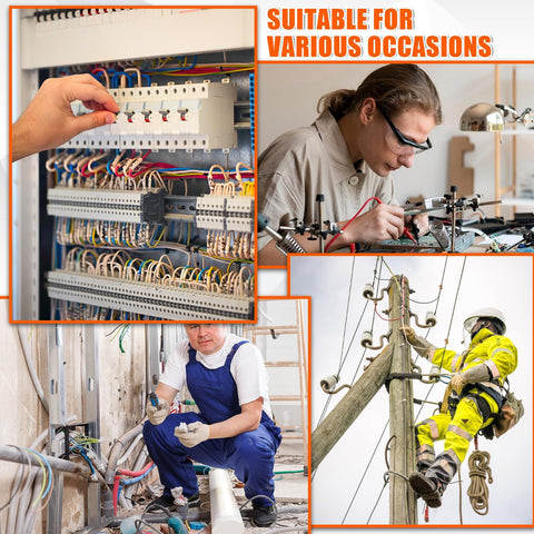 Electricians and technician using tools for wiring and installations in various settings, suitable for different electrical tasks.