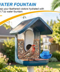 Three In One Bird Nutrition Set With Water Fountain, Fruit Spike And Jelly Tray Feeder for outdoor backyards shown in blue.