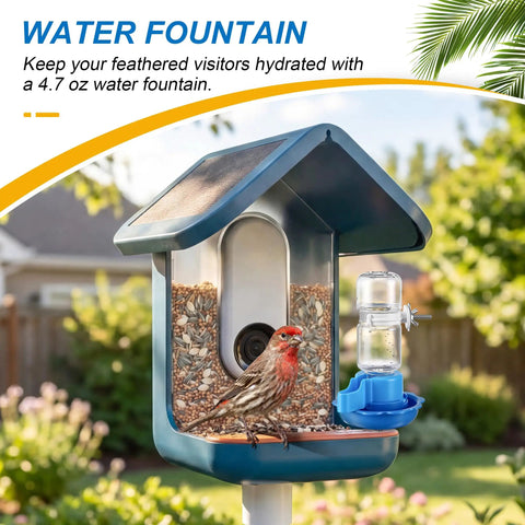 Three In One Bird Nutrition Set With Water Fountain, Fruit Spike And Jelly Tray Feeder for outdoor backyards shown in blue.