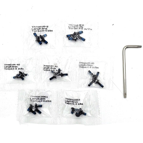 Glock MOS Adapter Plate Screw Kit 28 Piece Set With Carbon Steel Screws Blue Threadlocker And T10 Hex Key Fits Trijicon RMR Holosun Leupold Shield ACRO Red Dot Optics, 28-piece kit with screws and hex key shown.
