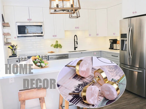 Modern kitchen with installed Rose Quartz Crystal Cabinet Knobs Set of 4 Gold Plated Round Dresser and Cupboard Drawer Handles