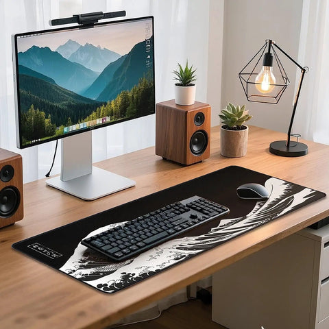 Gaming Mouse Pad Desk Mat For Keyboard And Mouse Large Kanagawa Wave Design With Non Slip Rubber Base on office desk