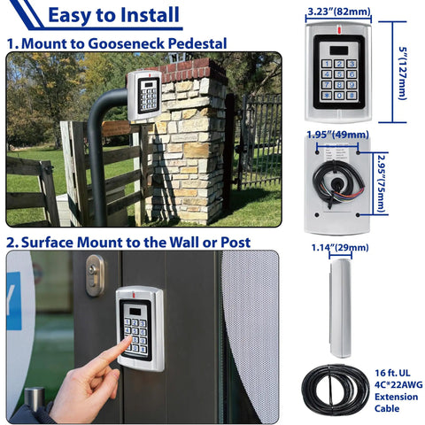 Weatherproof 12 To 24 Volt AC DC Metal Wired Keypad Stand Alone Access Controller For Gate Opener Garage Door Opener And Security System With Upgraded KPR2000 Keypad shown mounted on gooseneck pedestal and wall.