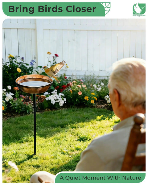 Rust Resistant Metal Bird Bath For Outside With 12 Inch Wide Bowl And 3 Inch Deep Water, 36 Inch Tall On Stable Five Prong Stake in garden