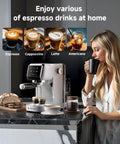 Quick Fix 20 Bar Espresso Machine With Rapid Milk Frother And Hit The Spot Temp Dials in a stylish kitchen, brewing espresso drinks.