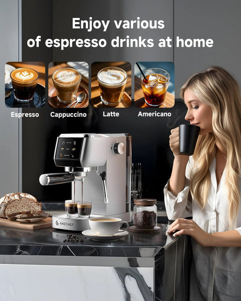 Quick Fix 20 Bar Espresso Machine With Rapid Milk Frother And Hit The Spot Temp Dials in a stylish kitchen, brewing espresso drinks.