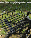 Front Bike Basket Rack With Adjustable Struts, Heavy Duty Aluminum Front Rack For 26 To 29 Inch Bikes, shown mounted on bike
