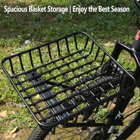 Front Bike Basket Rack With Adjustable Struts, Heavy Duty Aluminum Front Rack For 26 To 29 Inch Bikes, shown mounted on bike