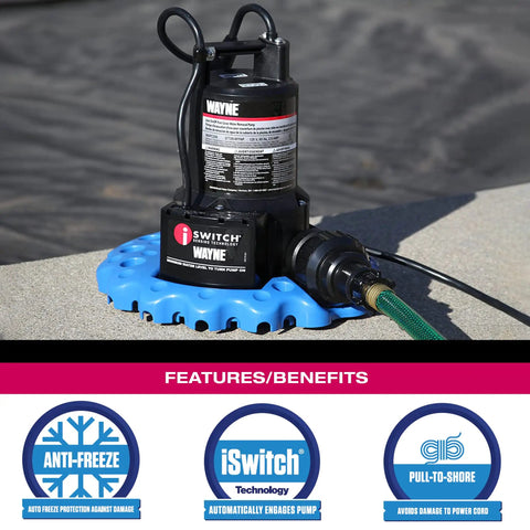 Reinforced Thermoplastic Pool Cover Pump With One Quarter HP Motor, Auto On Off, iSwitch Sensor, Up To 3,000 GPH, shown on pool edge