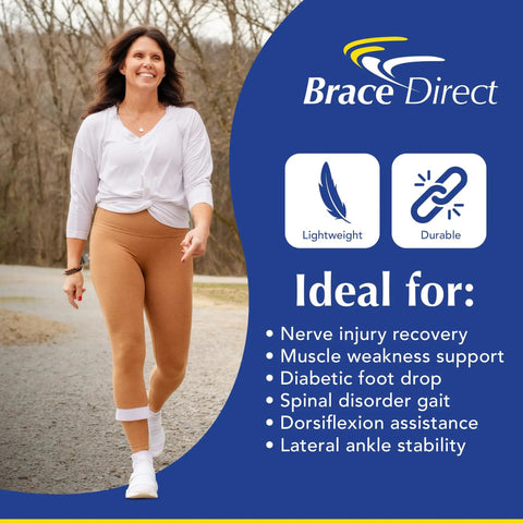 Woman walking confidently, highlighting use of Lightweight Leaf Spring AFO For Foot Drop With Dorsiflexion Support, ideal for recovery.