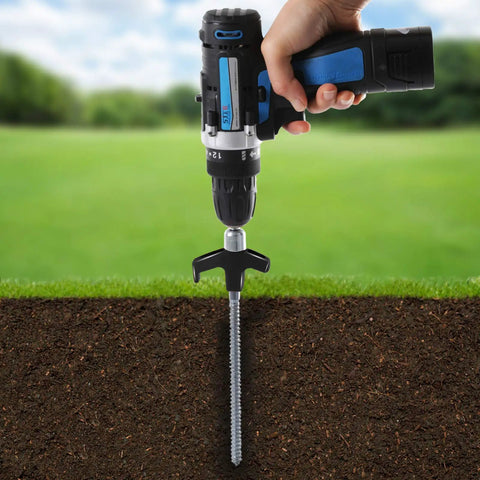 Drillable Garden Shed Stakes With Bonus Adapter And Tie Downs Built Tough Pro Grade Powder Coated Steel Ground Anchors in use