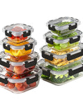 8 Pack Borosilicate Glass Food Storage Containers with Lids for Grab and Go Meal Prep and Lunches, stacked with fresh food inside