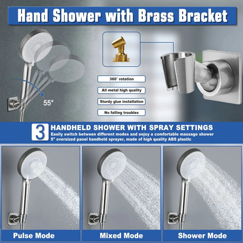 Brushed Nickel Waterfall Shower Head With Handheld Spray Combo Featuring 3 Way Diverter Extension Arm Stainless Steel Hose And Holder