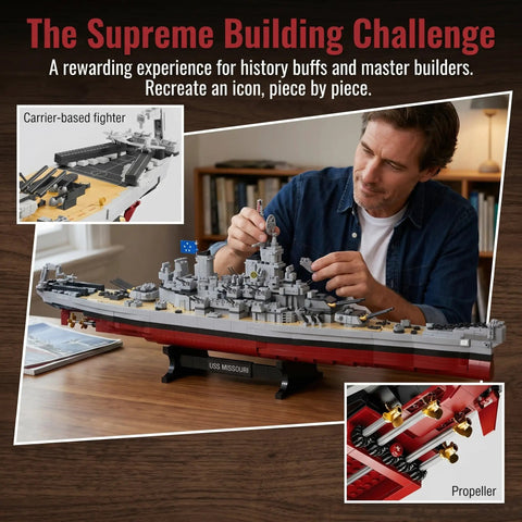 Man assembling Epic World War II Battleship Building Blocks Kit 2228 Pieces, 1 To 325 Scale Warship Model on a table.