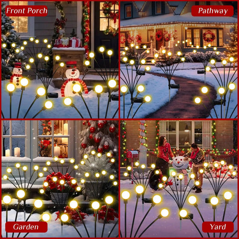 Collage of Solar Garden Lights Outdoor 4 Pack Firefly Swaying Lights illuminating front porch, pathway, garden, and yard at night.