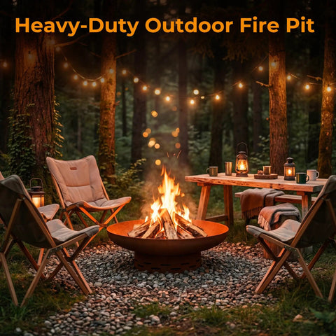Heavy Duty 27.5 Inch Round Wood Burning Fire Pit For Outdoor Use Steel Bonfire Pit With Oxidized Finish in forest setting