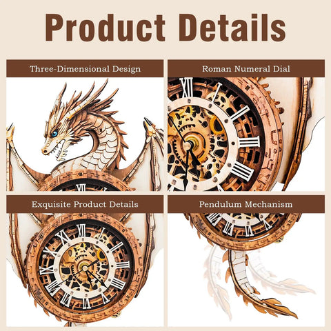 Dragon Clock 3D Puzzle Kit For Adults Hands On Wooden Puzzle Craft To Build An Epic Standout Timepiece Wall Decor And Brain Teaser You Can Finish On A Weekend, wooden dragon clock with Roman numeral dial and pendulum