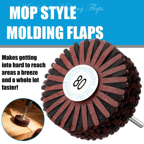 7 Piece Abrasive Cloth Flap Wheel Set With One Quarter Inch Shank for DIY woodworking, showing molding flaps with grit 80.
