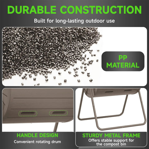 142L Rolling Compost Tumbler, Single Chamber, 37.5 Gallon Capacity, Heavy-Duty Polypropylene Resin material details
