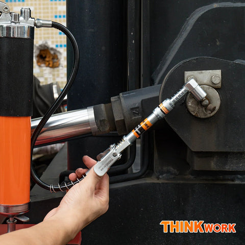 THINKWORK grease gun coupler set in side view; silver metal fittings with orange labels on grease gun hose