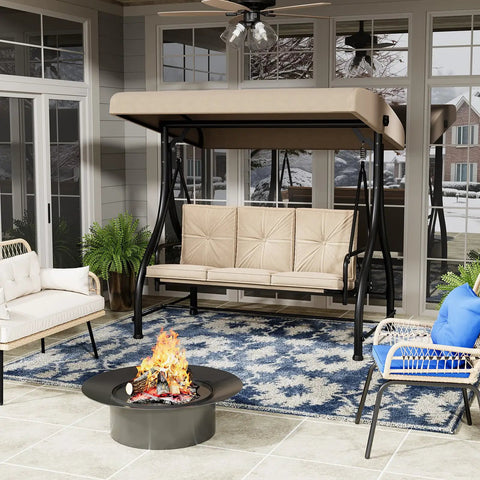 3-Seater Outdoor Porch Swing With Adjustable Backrest And Canopy on patio with beige cushions, convertible to daybed.