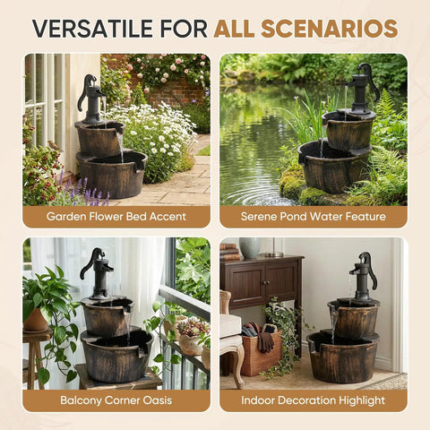 27 Inch Tall Outdoor Barrel Water Fountain With Two Tier Cascading Waterfall And Electric Recirculating Pump Bronze Garden Decor For Patio Yard Porch Or Landscape Creates Soothing Sound And Relaxing Outdoor Vibe in various settings