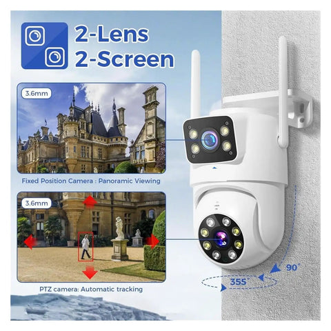 6MP Dual Lens WiFi NVR Security Camera Kit Shoots Hella Crisp 3K Video With Ultra Wide Angles And Smart Auto Tracking mounted on wall