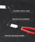 Pro Grade 13 Inch Snap Ring Pliers For Internal Retaining Rings With 90 Degree Bent Jaws 0.12 Inch Tip Diameter Carbon Steel Circlip Pliers Heavy Duty Removal Tool For C Clips In Tight Spaces And Confined Areas; features carbon steel construction, blacked and polished finish, anti-slip handles