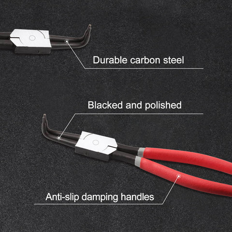 Pro Grade 13 Inch Snap Ring Pliers For Internal Retaining Rings With 90 Degree Bent Jaws 0.12 Inch Tip Diameter Carbon Steel Circlip Pliers Heavy Duty Removal Tool For C Clips In Tight Spaces And Confined Areas; features carbon steel construction, blacked and polished finish, anti-slip handles