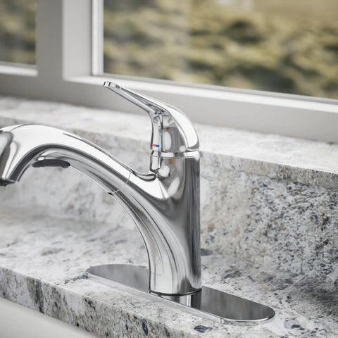 Jolt Pull-Out Kitchen Faucet With Two-Function Sprayhead, Touch Control, 1.5 GPM, Chrome Finish on marble countertop