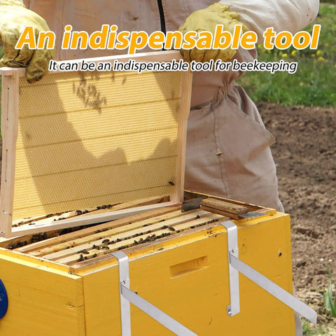 Beekeeper using Two Pack Stainless Steel Beehive Frame Holders For Beekeeping, 5 Frame Capacity Frame Perches on yellow hive.