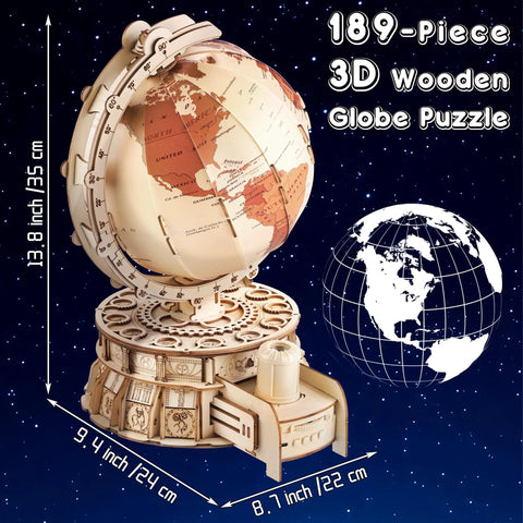 3D Wooden Globe Puzzle For Adults With Stand Illuminated Globe DIY Model Kit Built In LED Music And Starry Projector Epic STEM Gift For Adults And Teens Perfect Desk Display For Home Office Decor And A Fun Night Light That Sparks Curiosity And Travel, 13.8x9.4x8.7 in