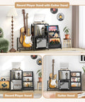 Bikoney Multi-Functional Record Player Stand And Guitar Rack For Acoustic Electric Bass With Amp Shelf with vinyl albums and guitar.