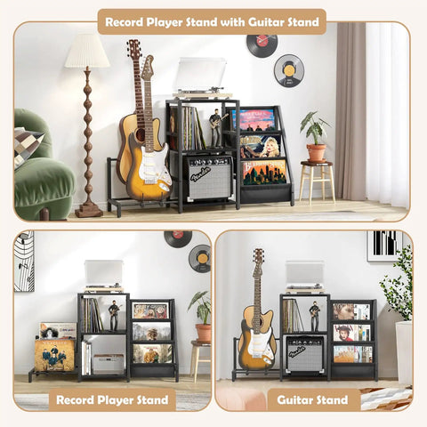 Bikoney Multi-Functional Record Player Stand And Guitar Rack For Acoustic Electric Bass With Amp Shelf with vinyl albums and guitar.