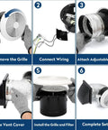 Installation steps for 6 Inch Through Wall Exhaust Fan With Retractable Duct And Aluminum Grease Filter 80 CFM High Airflow And Quiet 4.0 Sones Bathroom Vent Fan For Quick And Easy Home Venting, showing grille removal, wiring, duct attachment, vent cover fixing, grille and filter installation, complete setup.