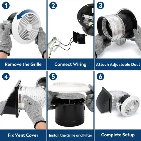 Installation steps for 6 Inch Through Wall Exhaust Fan With Retractable Duct And Aluminum Grease Filter 80 CFM High Airflow And Quiet 4.0 Sones Bathroom Vent Fan For Quick And Easy Home Venting, showing grille removal, wiring, duct attachment, vent cover fixing, grille and filter installation, complete setup.