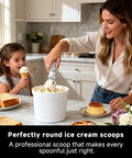 Woman using Rechargeable Heated Ice Cream Scoop With On Off Safety Lock Switch Dual Temp Warming Modes Ergonomic Handle Electric Kitchen Tool For Gelato Frozen Yogurt Sorbet And More in kitchen with child
