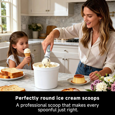 Woman using Rechargeable Heated Ice Cream Scoop With On Off Safety Lock Switch Dual Temp Warming Modes Ergonomic Handle Electric Kitchen Tool For Gelato Frozen Yogurt Sorbet And More in kitchen with child