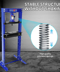 Beefy 12 Ton Hydraulic H-Frame Shop Press With Adjustable Floor Stand And Stamping Plates, showing stability features in garage.
