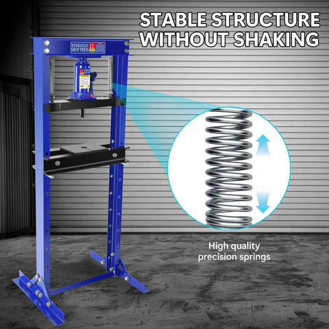 Beefy 12 Ton Hydraulic H-Frame Shop Press With Adjustable Floor Stand And Stamping Plates, showing stability features in garage.