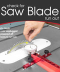 Close-up of A Line It Deluxe Table Saw Alignment Tool With Digital Dial Indicator on saw blade for run-out check.