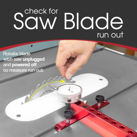 Close-up of A Line It Deluxe Table Saw Alignment Tool With Digital Dial Indicator on saw blade for run-out check.