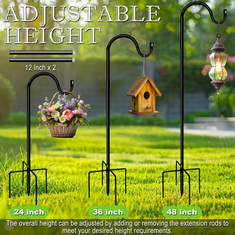 Outdoor No Fuss 48 Inch Shepherds Hook Garden Pole With Five Prongs Base Adjustable for hanging baskets and decor.